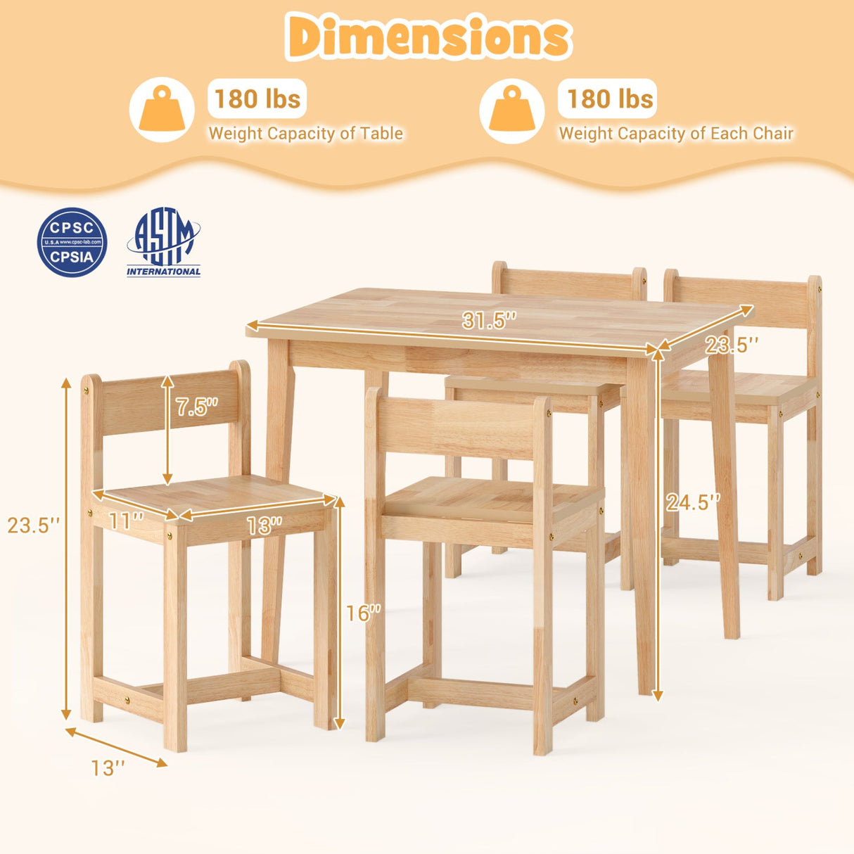 Juego de mesa y sillas de madera maciza de caucho de 5 piezas para niños, mesa de actividades para niños pequeños