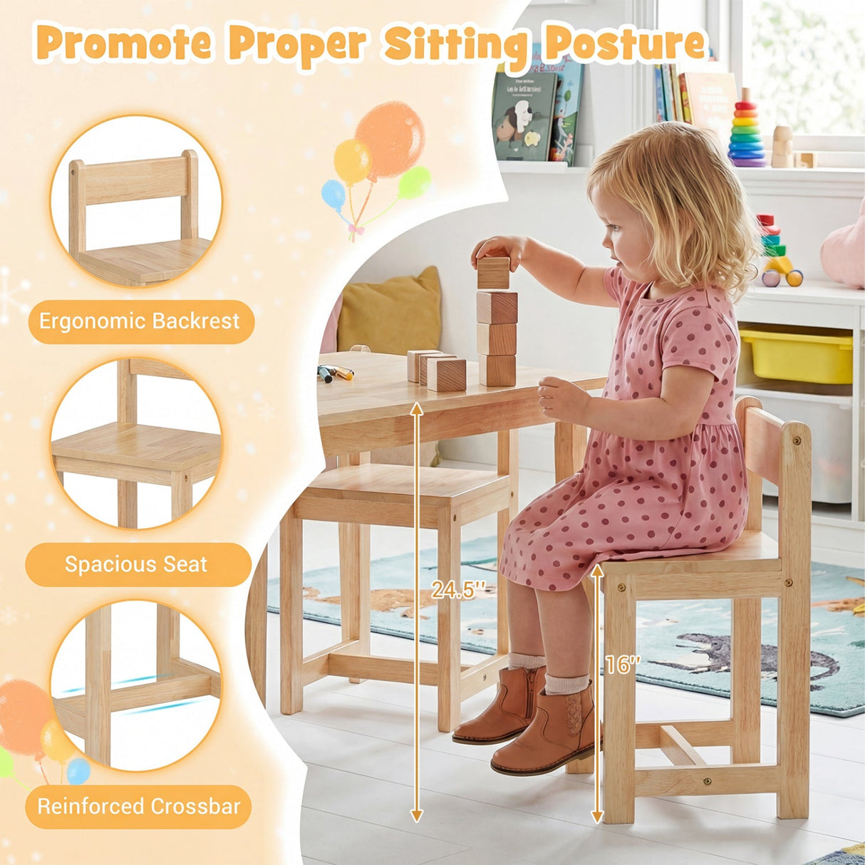 Juego de mesa y sillas de madera maciza de caucho de 5 piezas para niños, mesa de actividades para niños pequeños