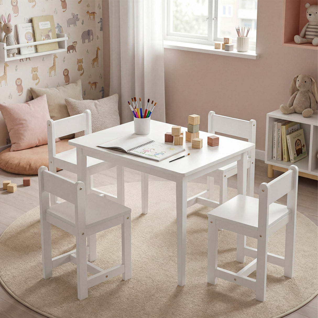 Juego de mesa y sillas de madera maciza de caucho de 5 piezas para niños, mesa de actividades para niños pequeños