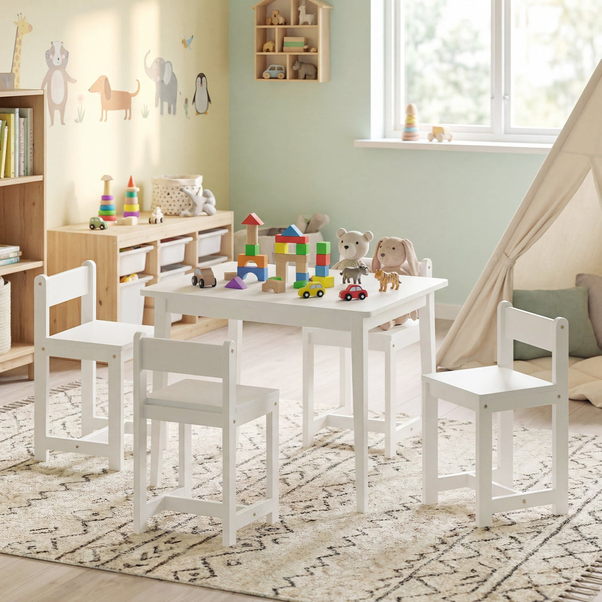 Juego de mesa y sillas de madera maciza de caucho de 5 piezas para niños, mesa de actividades para niños pequeños