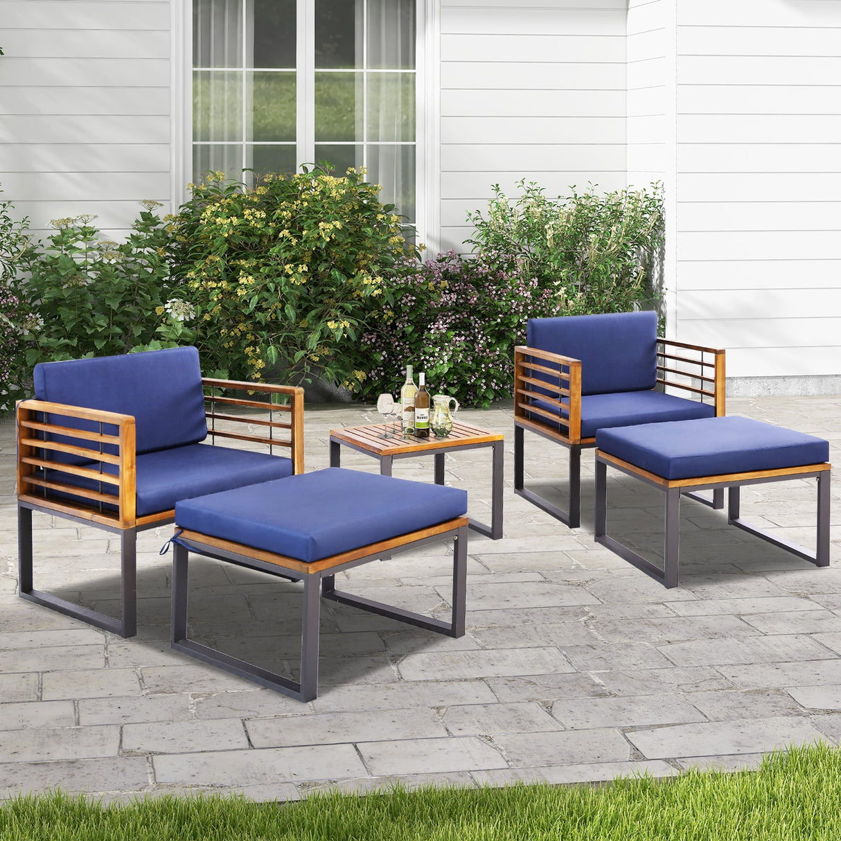 Juego de 5 piezas de silla de patio de madera de acacia con otomanas y mesa de centro - Azul marino