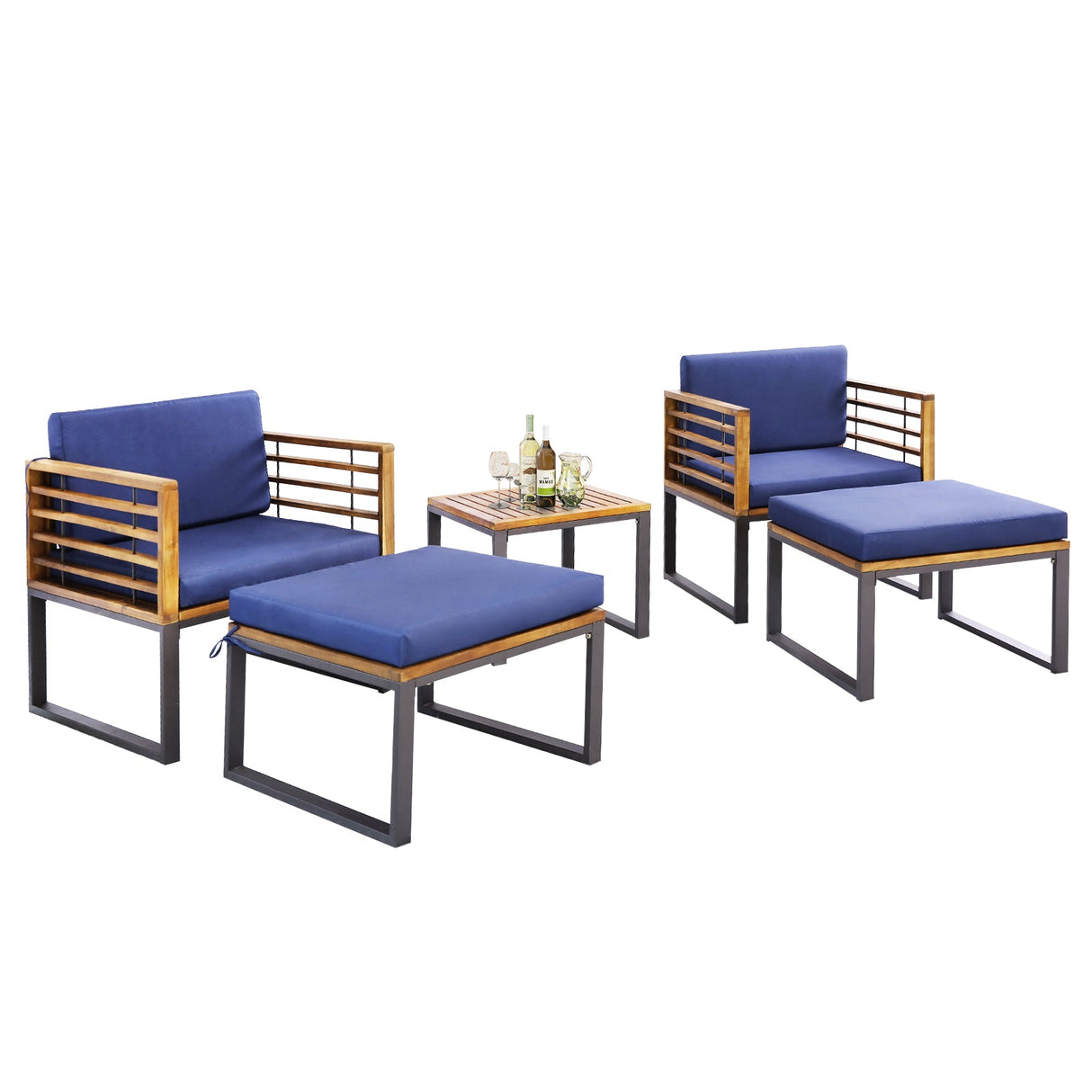 Juego de 5 piezas de silla de patio de madera de acacia con otomanas y mesa de centro - Azul marino