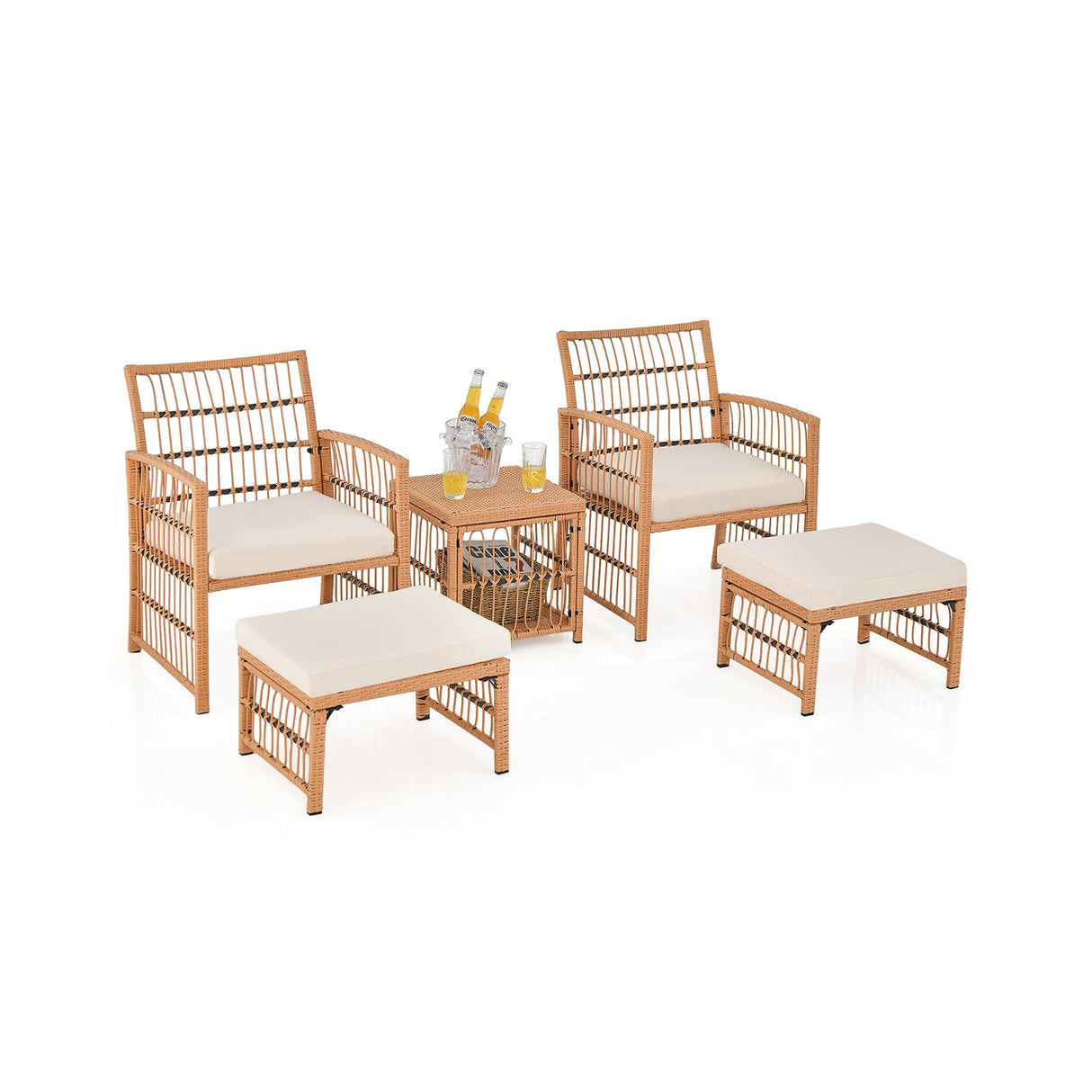 Juego de sofá de mimbre para patio de 5 piezas con cojines de asiento y respaldo - Natural