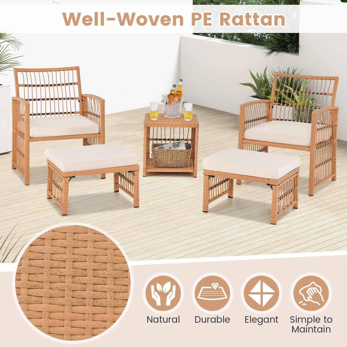 Juego de sofá de mimbre para patio de 5 piezas con cojines de asiento y respaldo - Natural