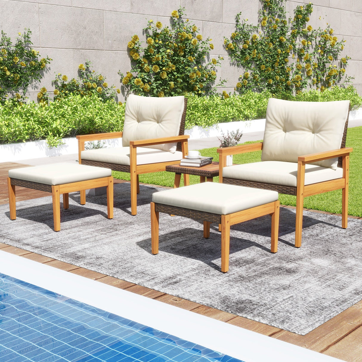 Juego de Muebles de Ratan de 5 Piezas con Mesa de Centro Cuadrada-Blanco