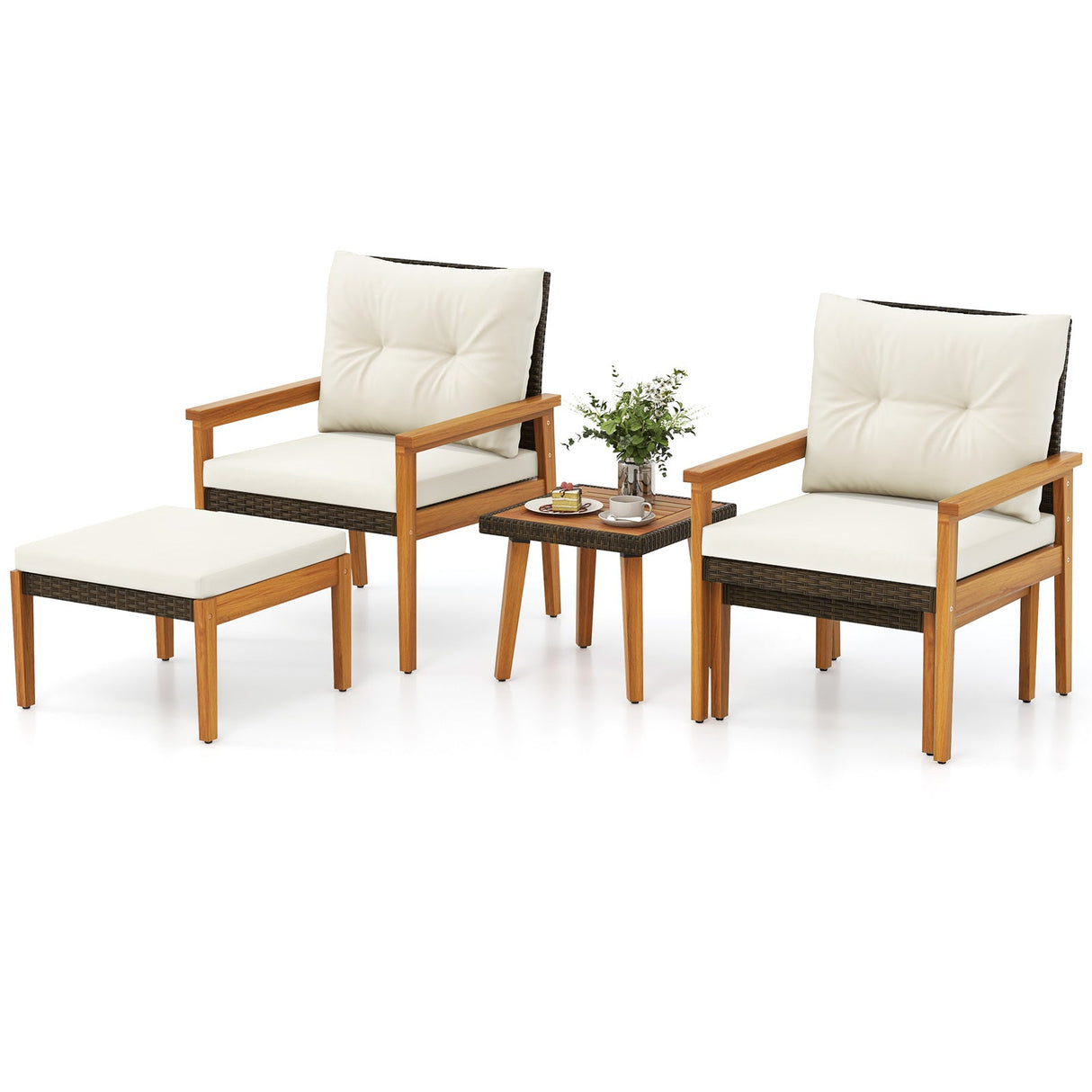 Juego de Muebles de Ratan de 5 Piezas con Mesa de Centro Cuadrada-Blanco