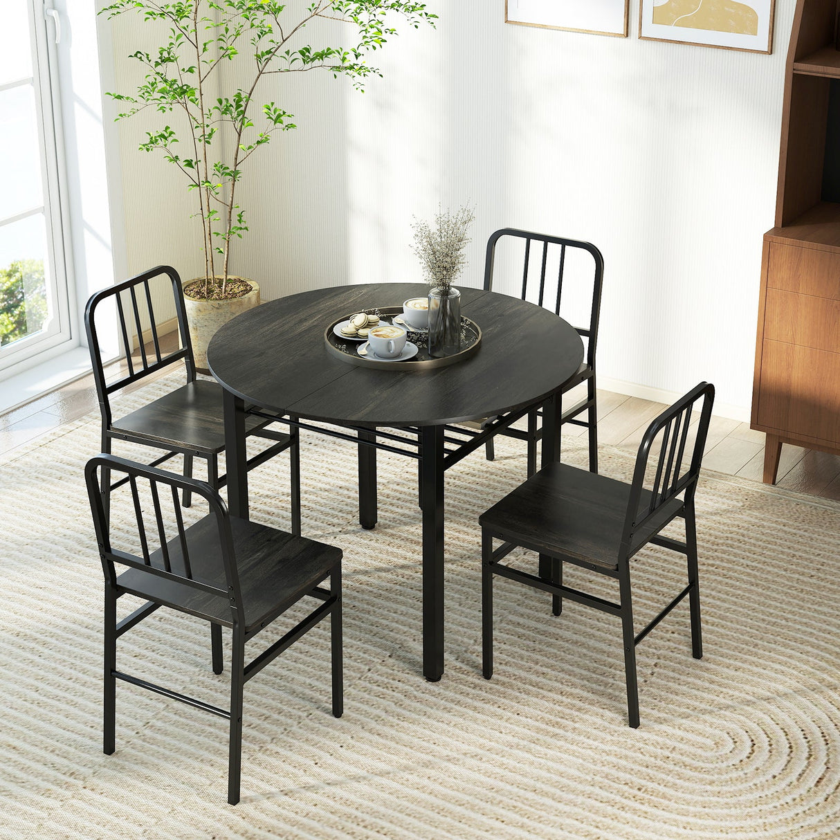 Juego de mesa de comedor redonda de 5 piezas con estante de almacenamiento para comedor