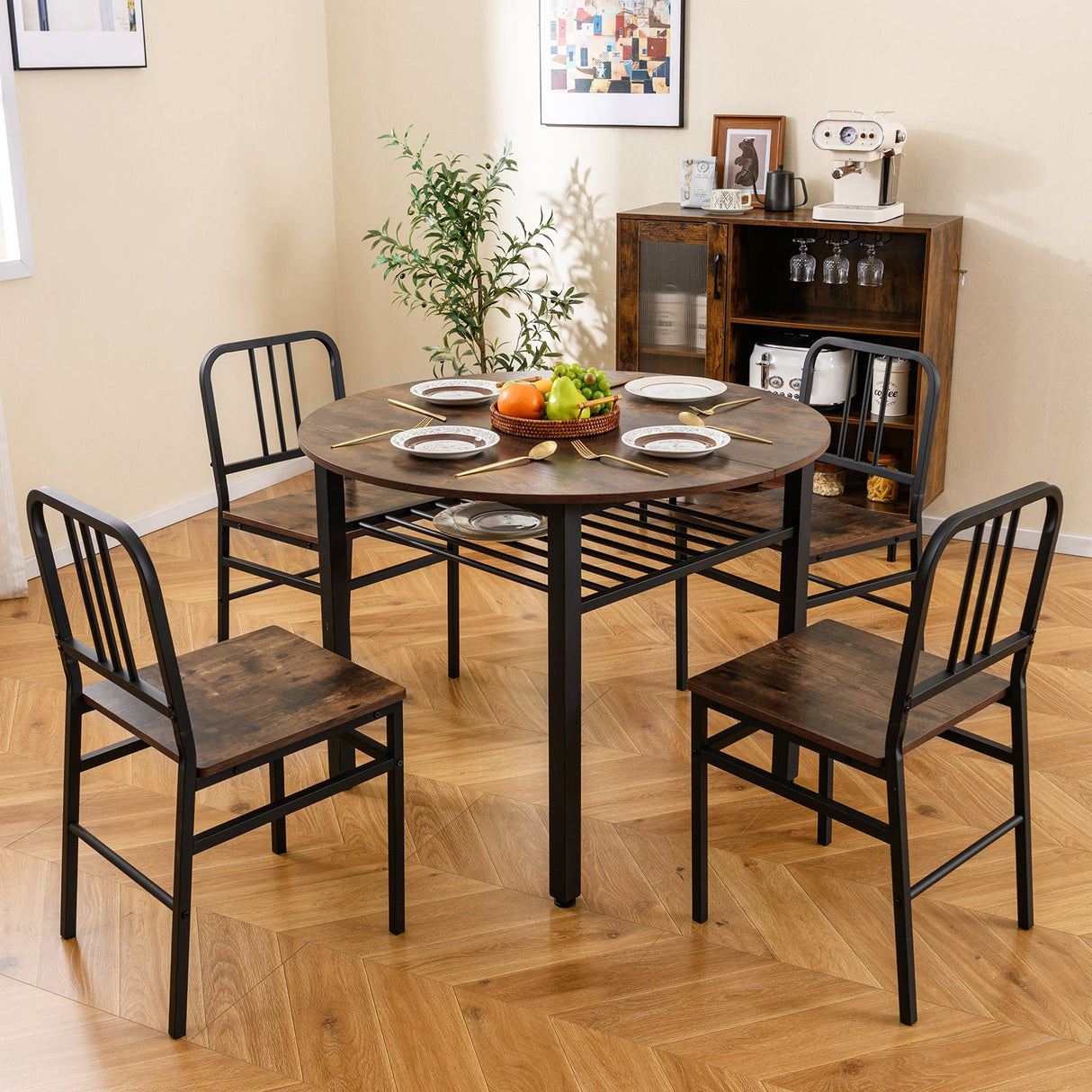 Juego de mesa de comedor redonda de 5 piezas con estante de almacenamiento para comedor
