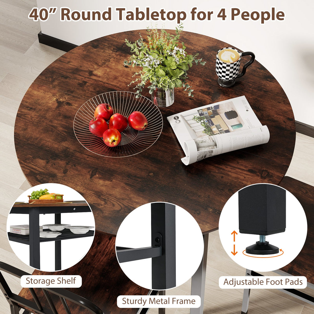Juego de mesa de comedor redonda de 5 piezas con estante de almacenamiento para comedor
