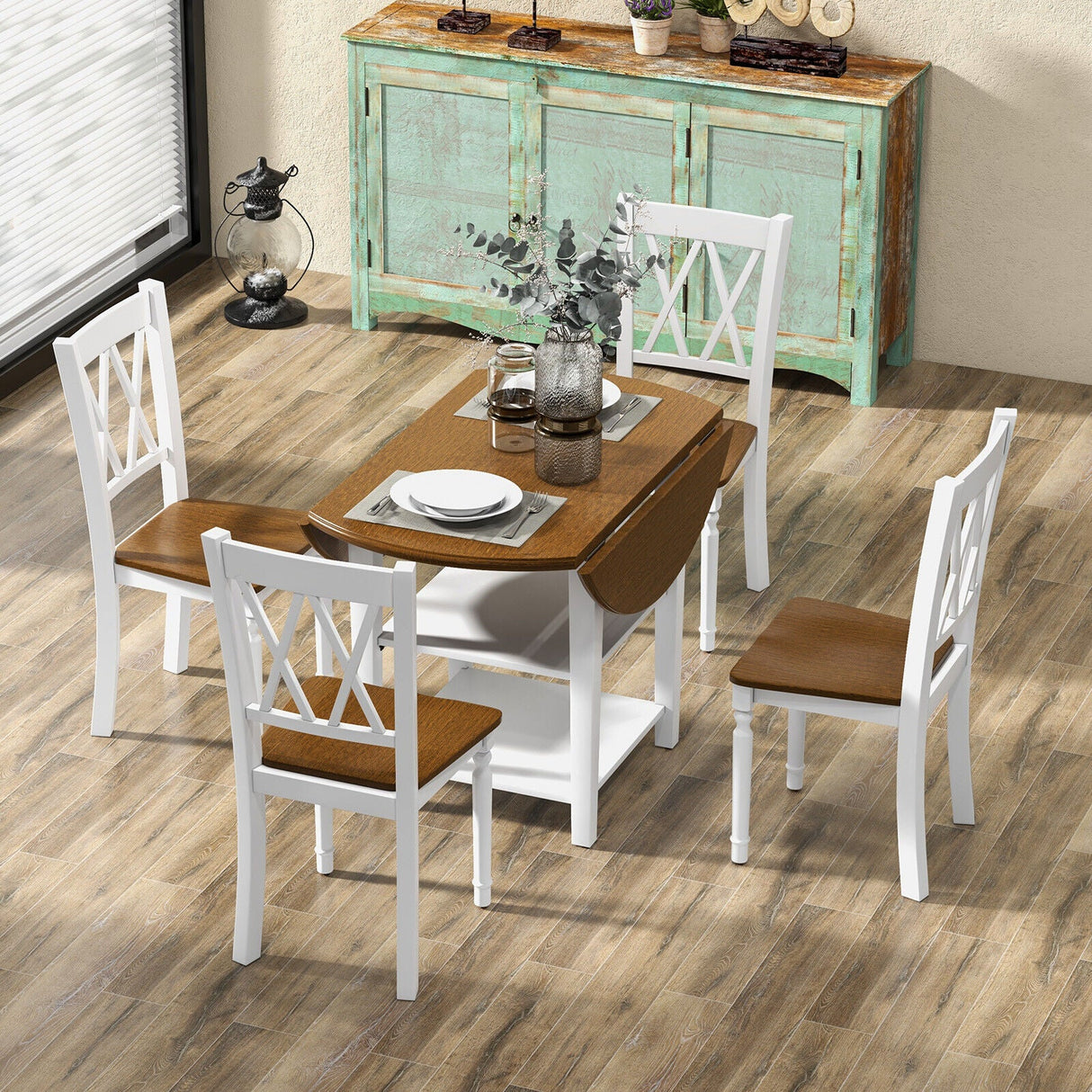 Juego de comedor redondo de 5 piezas con mesa de ala caída