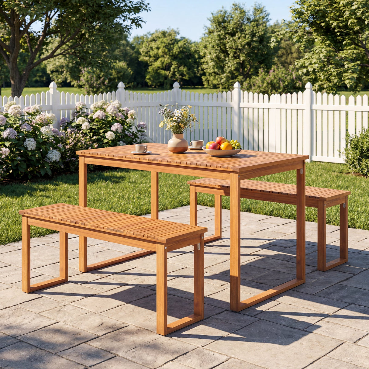 Mesa de comedor de madera de acacia para exteriores con tablero de listones para jardín
