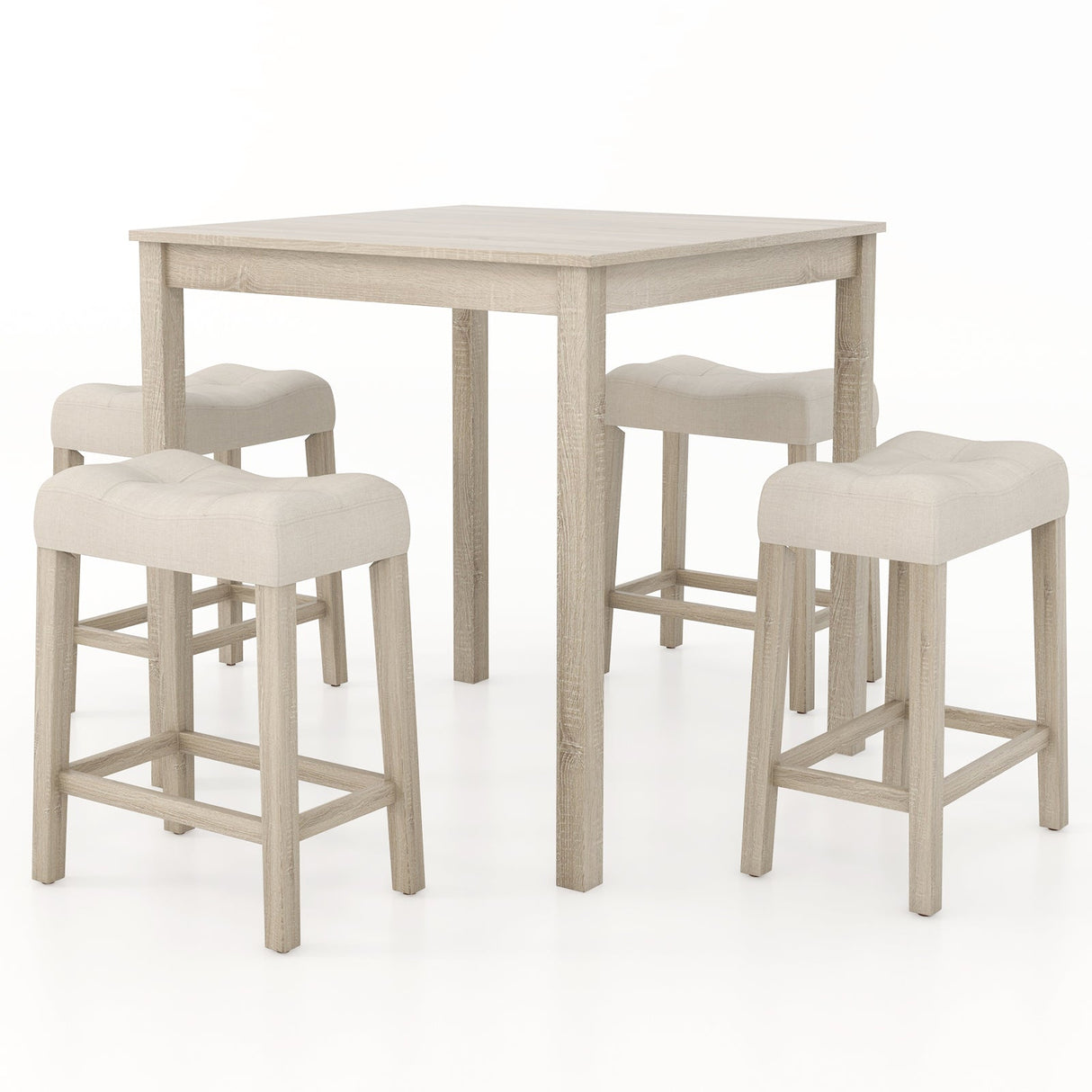 5 Pieces Bar Table Set with Square Table and 4 Padded Stools-Gray