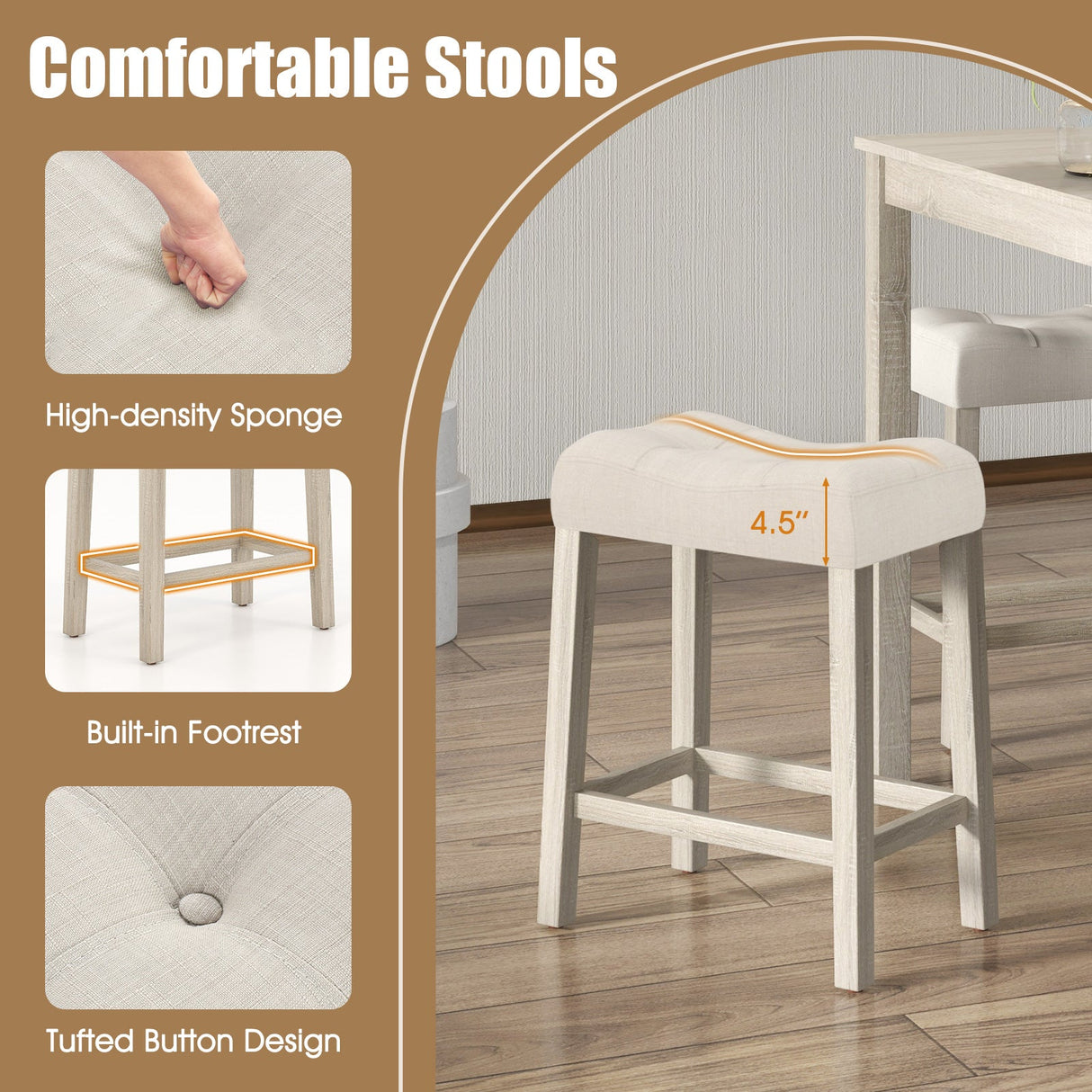 5 Pieces Bar Table Set with Square Table and 4 Padded Stools-Gray