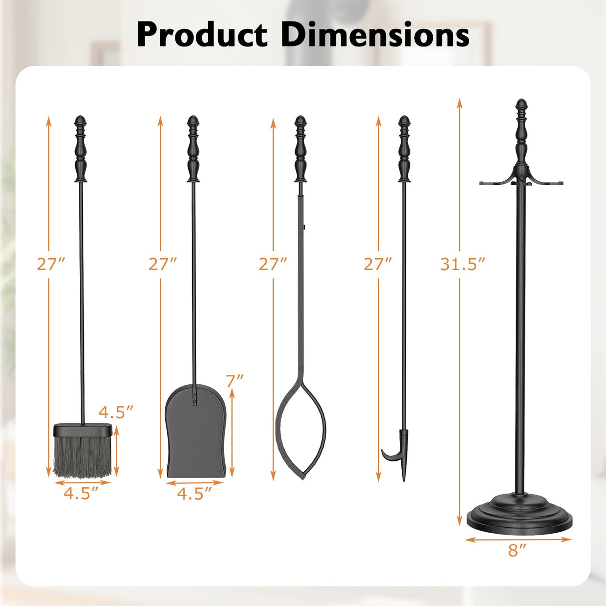 5-Pieces Fireplace Tool Set with Poker Tongs Brush Shovel and Round Stand