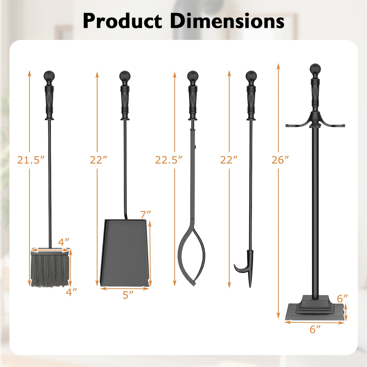 5-Pieces Fireplace Tool Set Indoor Outdoor Fire Place Set Tools with Aluminum Handles