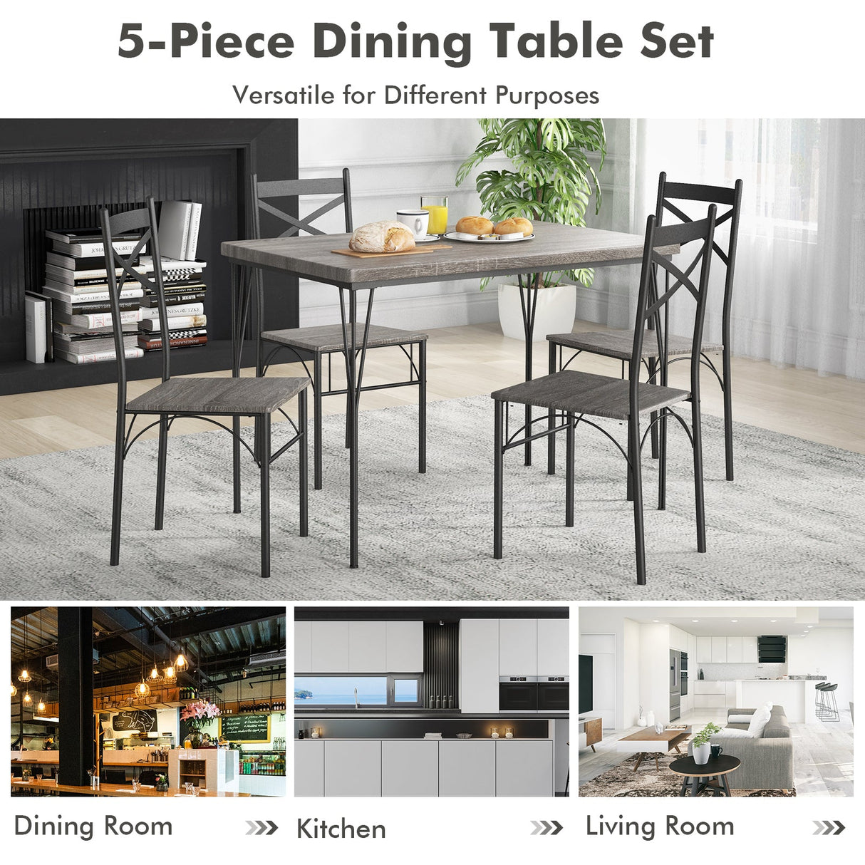 Juego de comedor de 5 piezas con estructura de metal para cocina y comedor - Gris