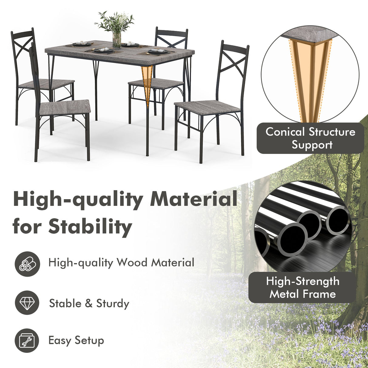 Juego de comedor de 5 piezas con estructura de metal para cocina y comedor - Gris