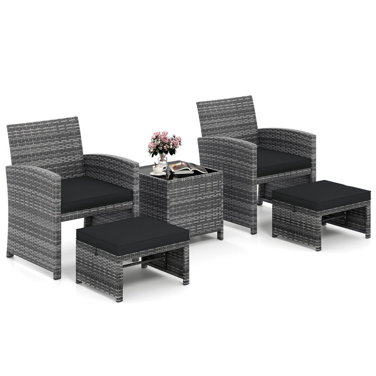 Juego de muebles de patio de 5 piezas, sillas de jardín de mimbre PE con 2 otomanas