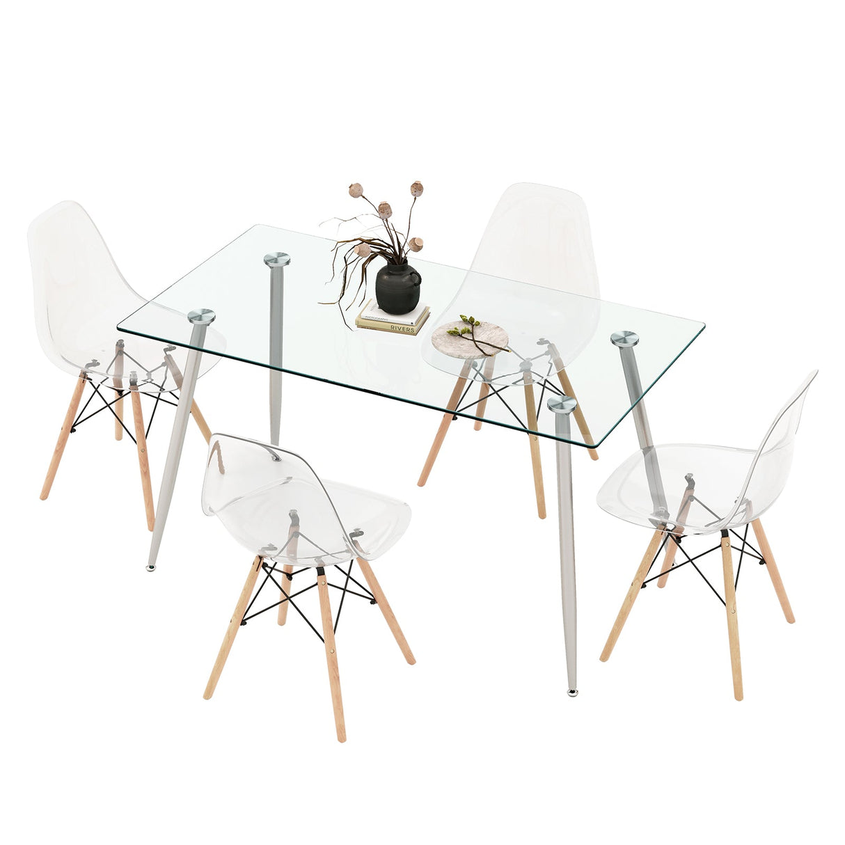 Juego de comedor rectangular de 5 piezas con tablero de cristal de 51 pulgadas