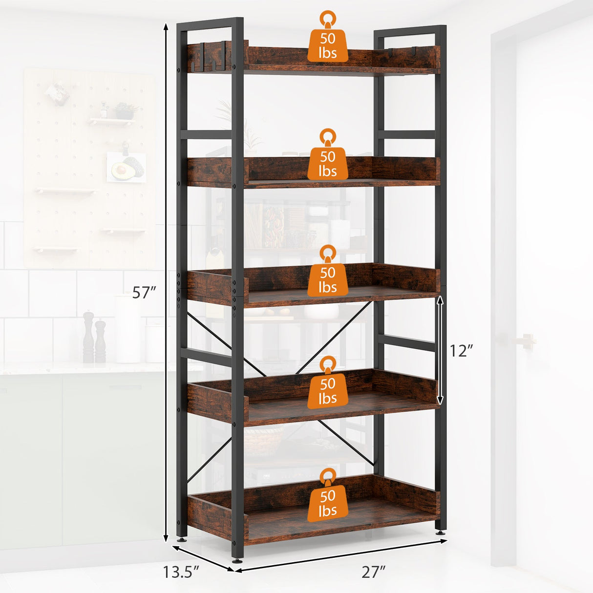 Estantería de 5 Niveles con 4 Ganchos Librería de Almacenamiento Industrial-Marrón Rústico
