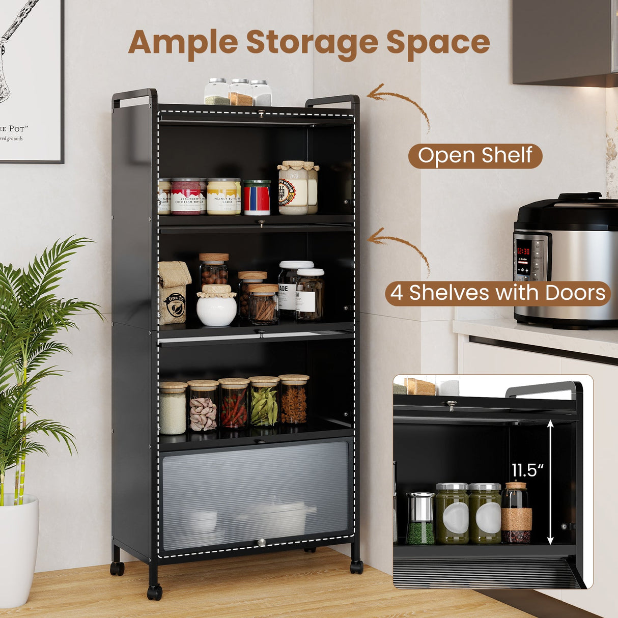 Armario de almacenamiento de despensa de cocina de 5 niveles con puertas elevables