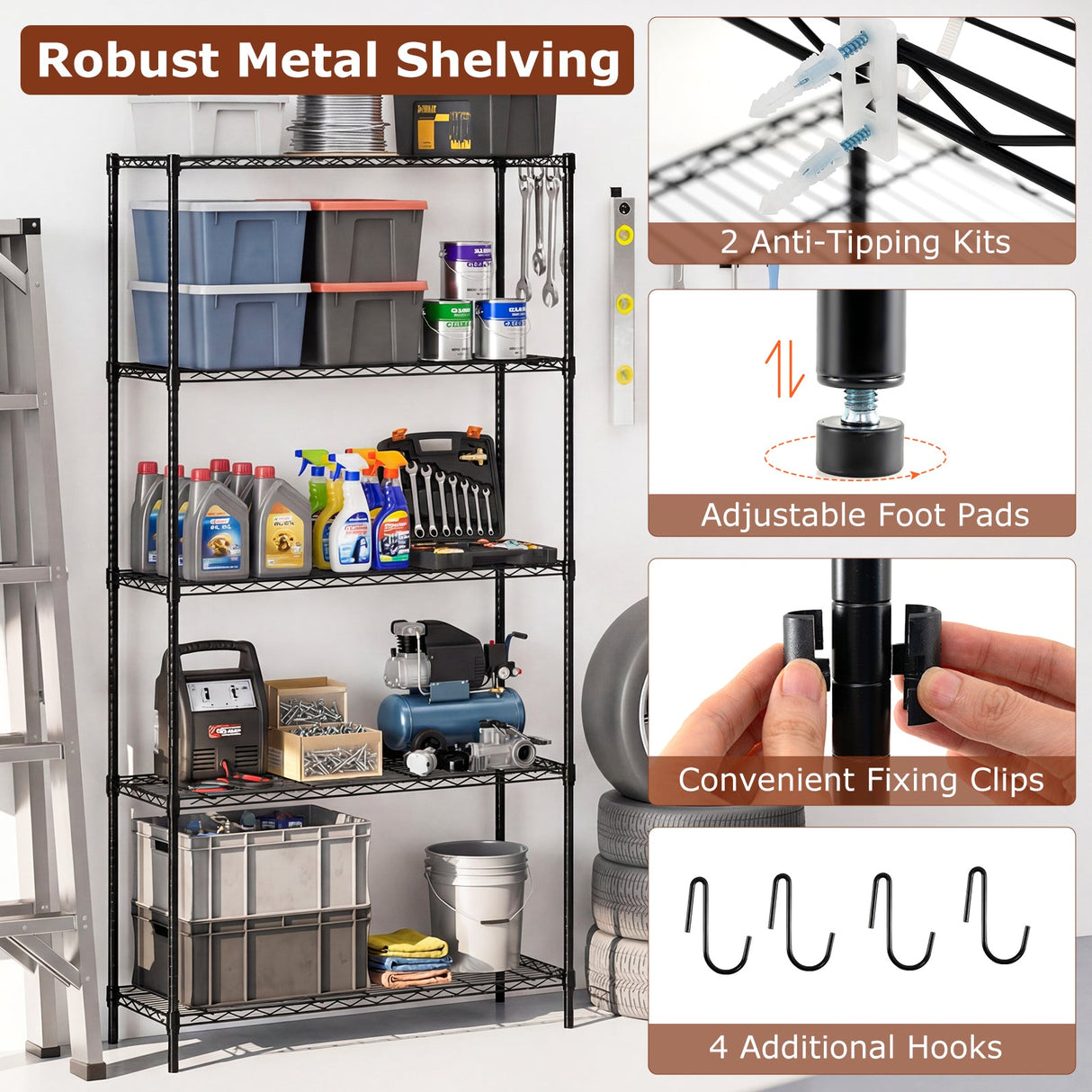 5-Tier Metal Storage Shelving Unit with V-Shaped Wire Rack and 1250 LBS Capacity-Black