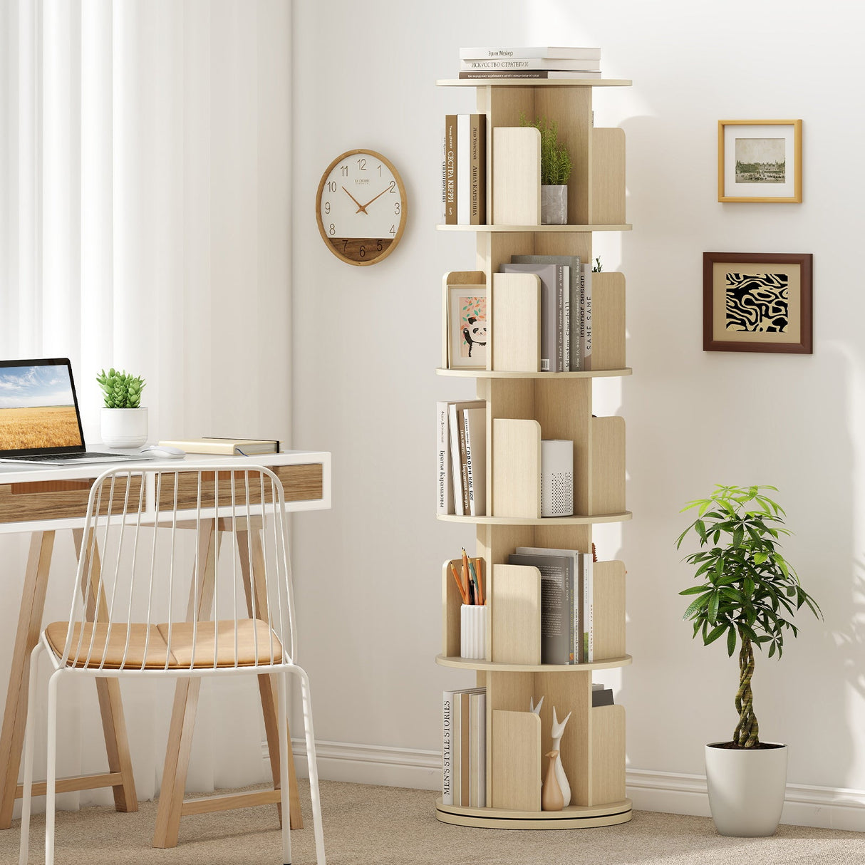 5-Tier Rotating Bookshelf 360° Display Rack with Dividers and Anti-falling Baffles