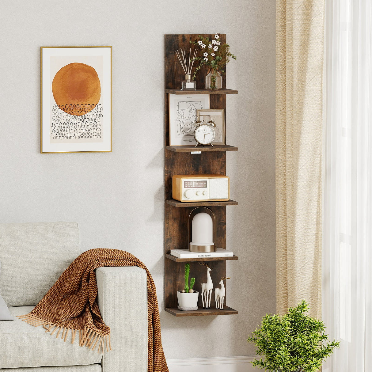 Estantería de pared de 5 niveles con vetas de madera