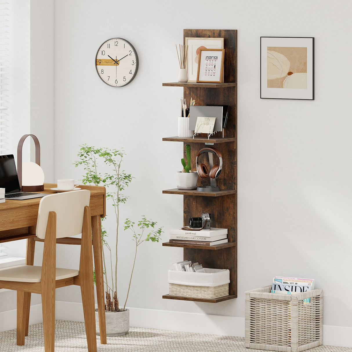 Estantería de pared de 5 niveles con vetas de madera