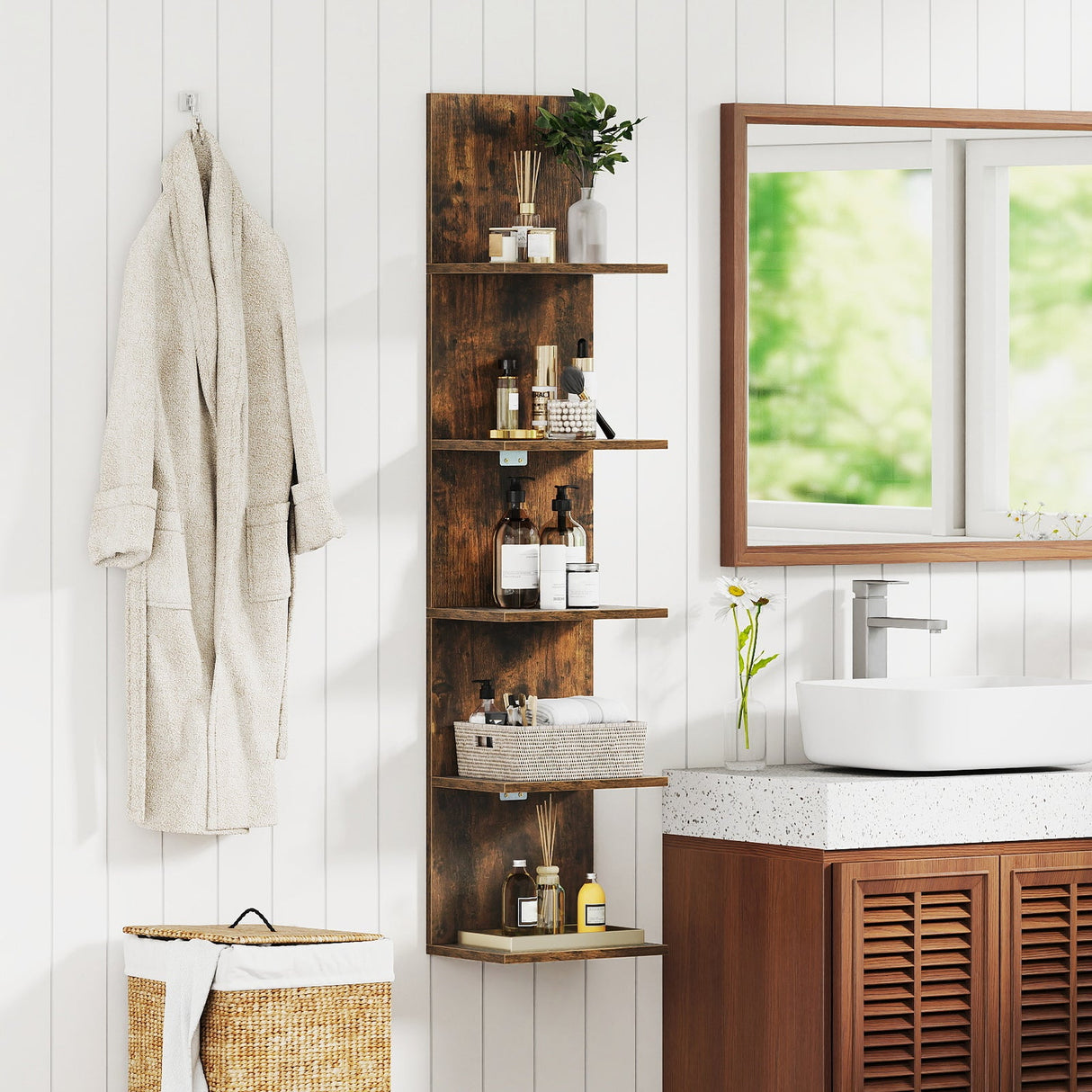 Estantería de pared de 5 niveles con vetas de madera