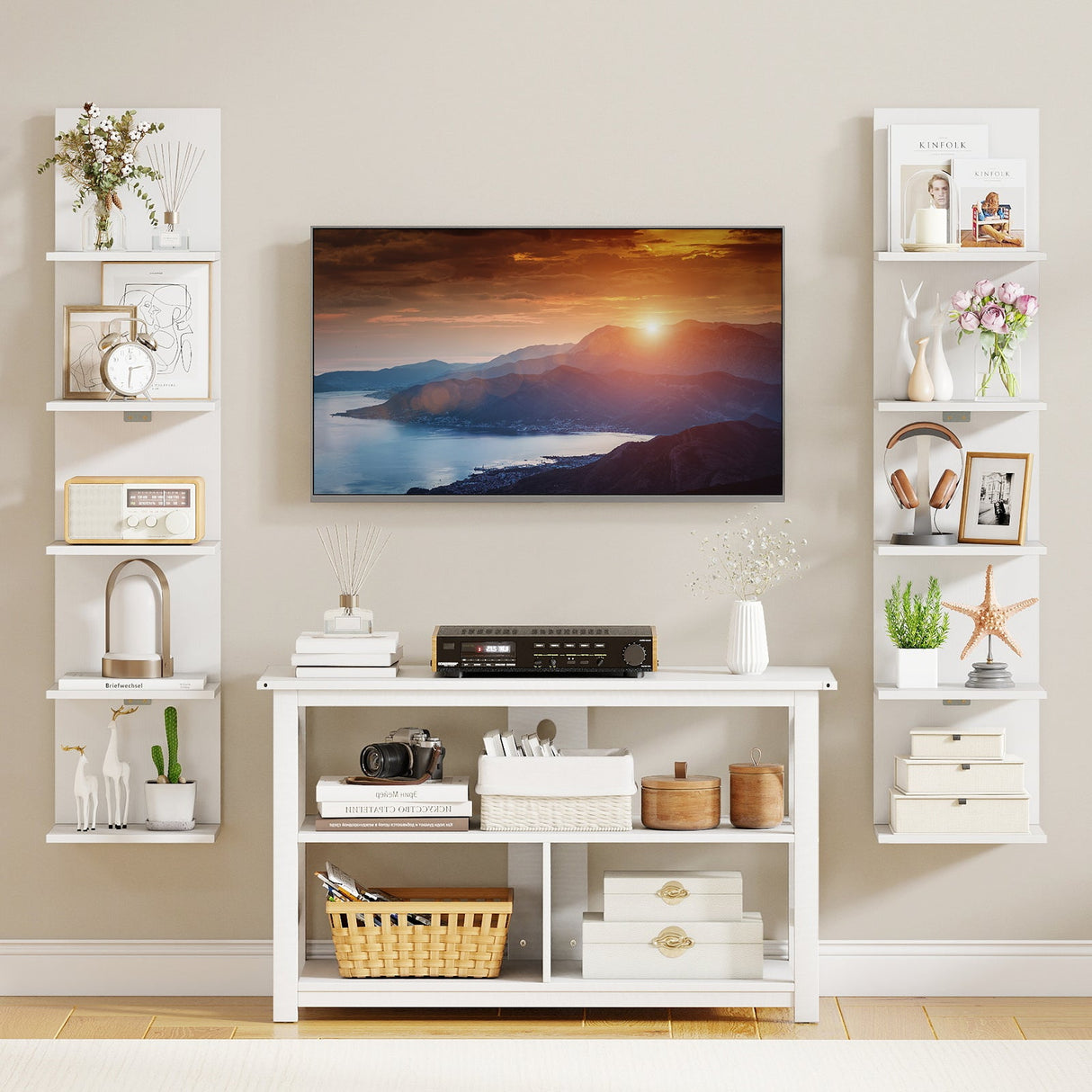 Estantería de pared de 5 niveles con vetas de madera