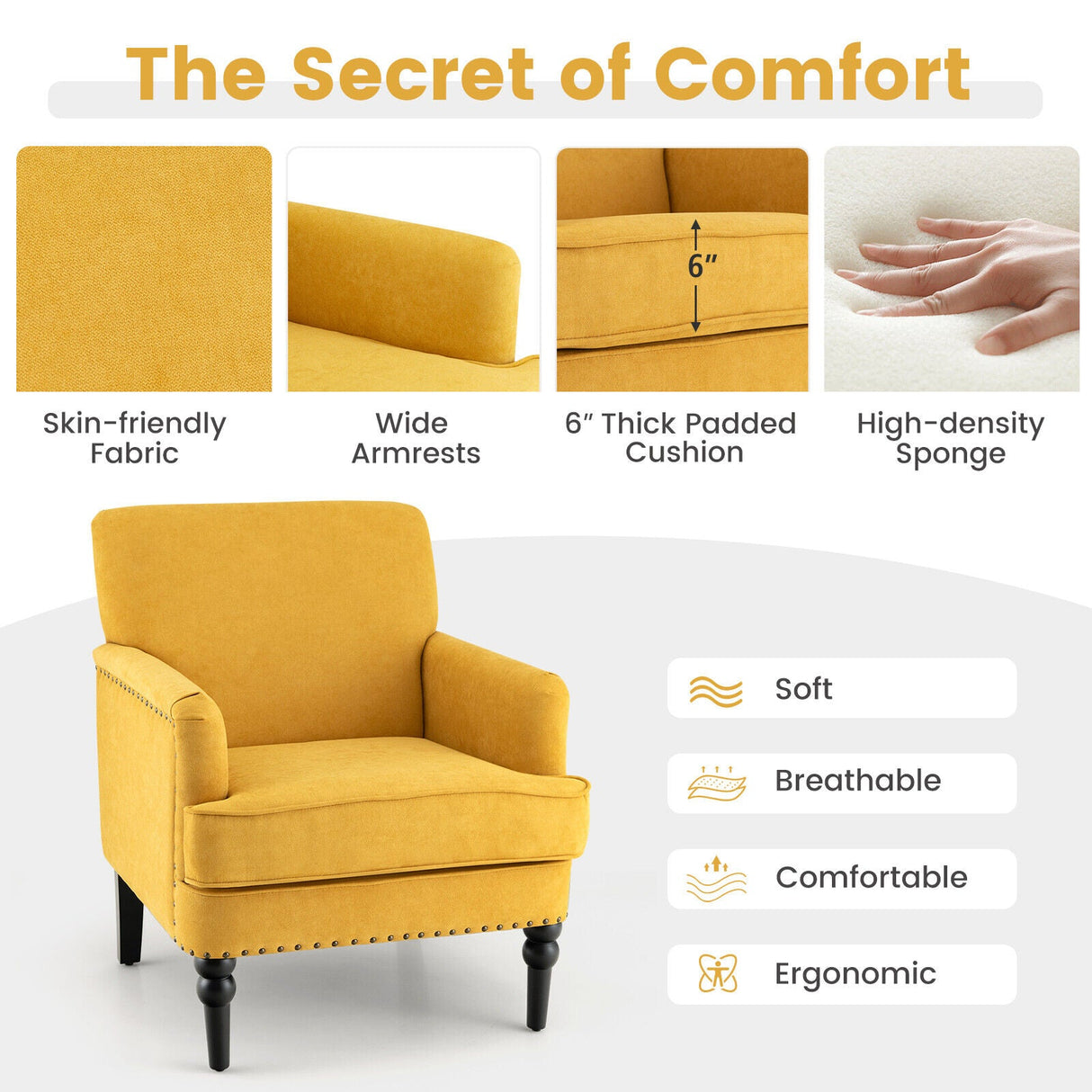 Sillón Moderno Tapizado Acolchado con Patas de Madera de Caucho