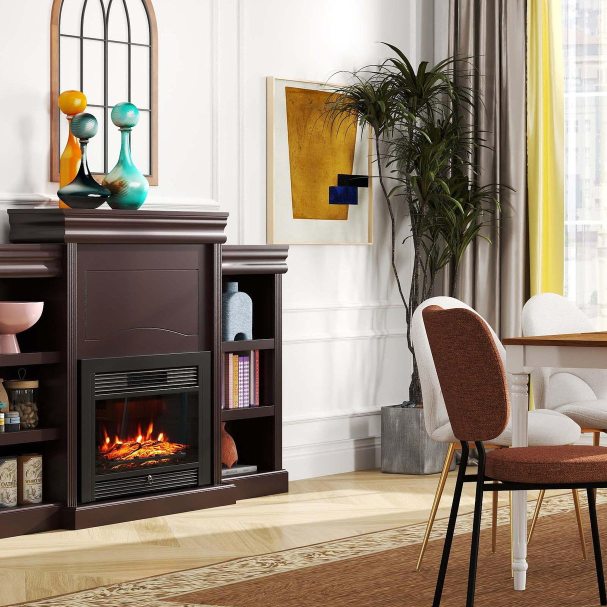 Juego completo de comedor 5 en 1: mesa extensible, 4 sillas, chimenea eléctrica, mueble multimedia y aparador de bambú
