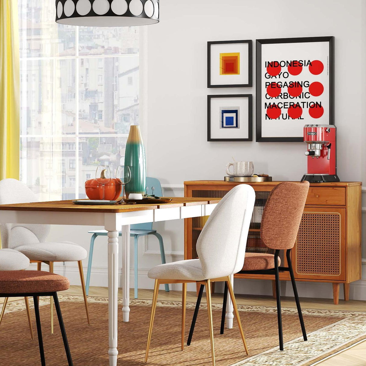Juego completo de comedor 5 en 1: mesa extensible, 4 sillas, chimenea eléctrica, mueble multimedia y aparador de bambú