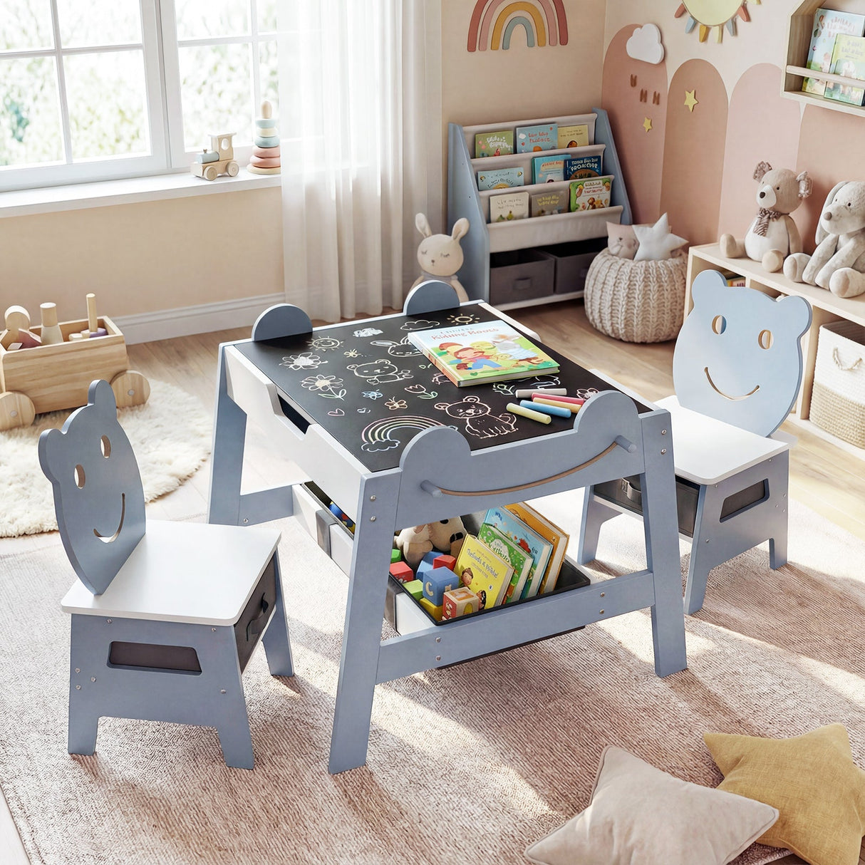 Mesa y 2 sillas 5 en 1 para niños pequeños, bonito juego de escritorio de arte con pizarra reversible de tiza y rotulador