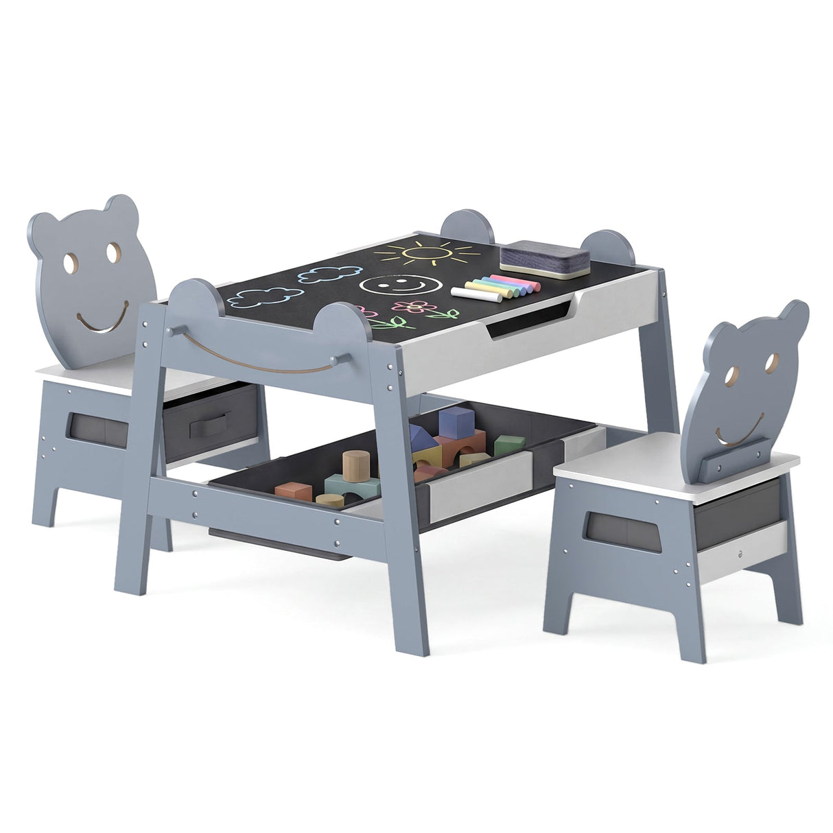 Mesa y 2 sillas 5 en 1 para niños pequeños, bonito juego de escritorio de arte con pizarra reversible de tiza y rotulador