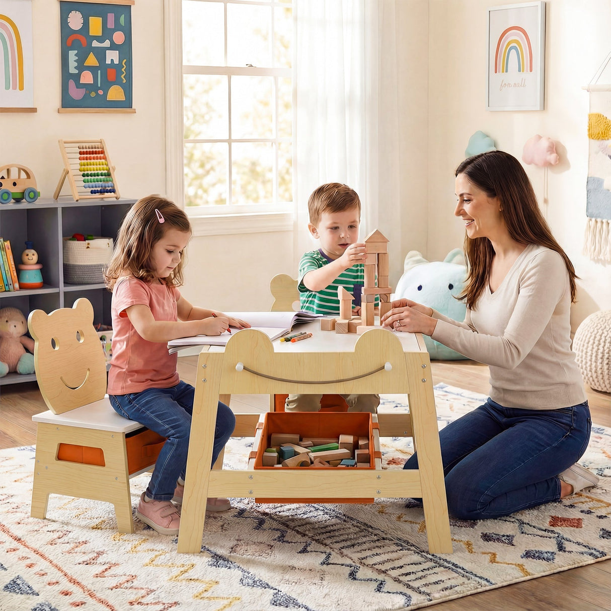 Mesa y 2 sillas 5 en 1 para niños pequeños, bonito juego de escritorio de arte con pizarra reversible de tiza y rotulador
