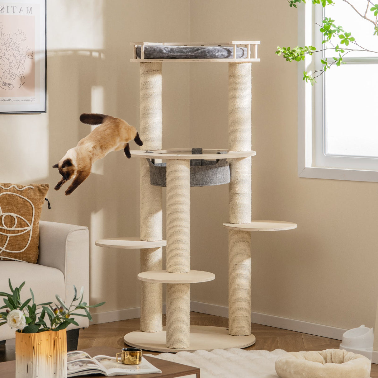 Árbol rascador de madera para gatos de 5 niveles con percha acolchada y hamaca de tela no tejida - Gris