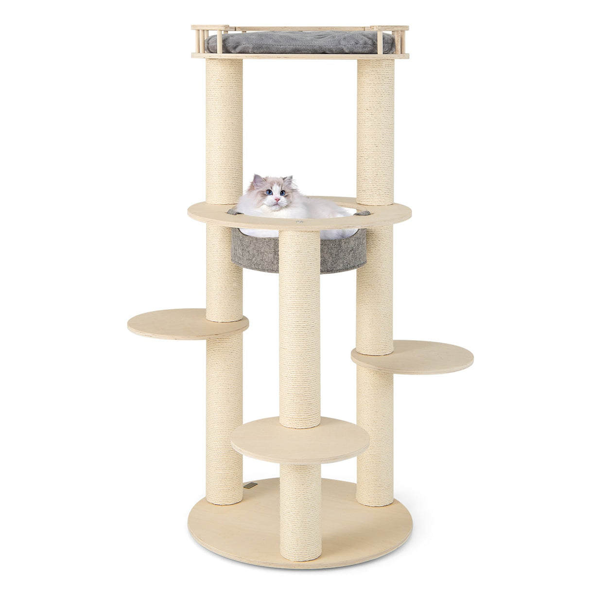 Árbol rascador de madera para gatos de 5 niveles con percha acolchada y hamaca de tela no tejida - Gris