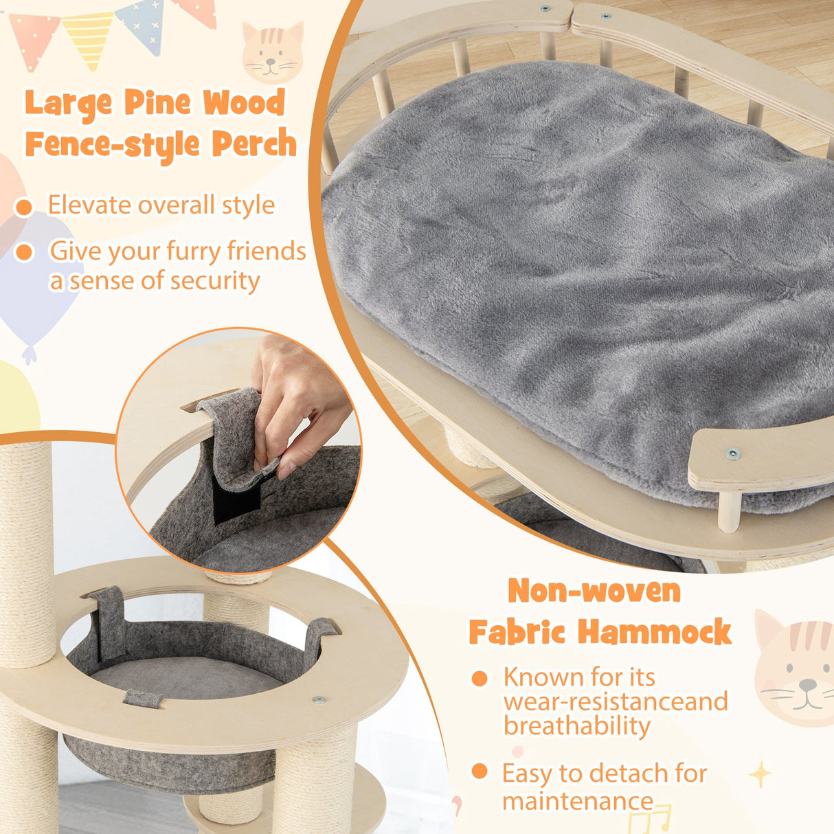 Árbol rascador de madera para gatos de 5 niveles con percha acolchada y hamaca de tela no tejida - Gris
