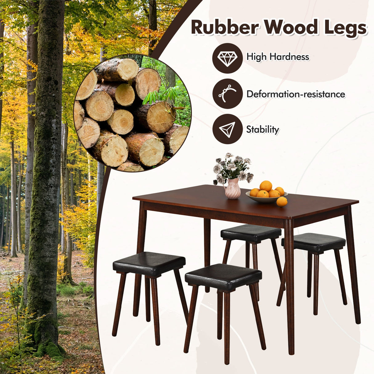 Juego de comedor de 5 piezas para 4 personas con 4 taburetes tapizados y patas de madera de caucho - Marrón