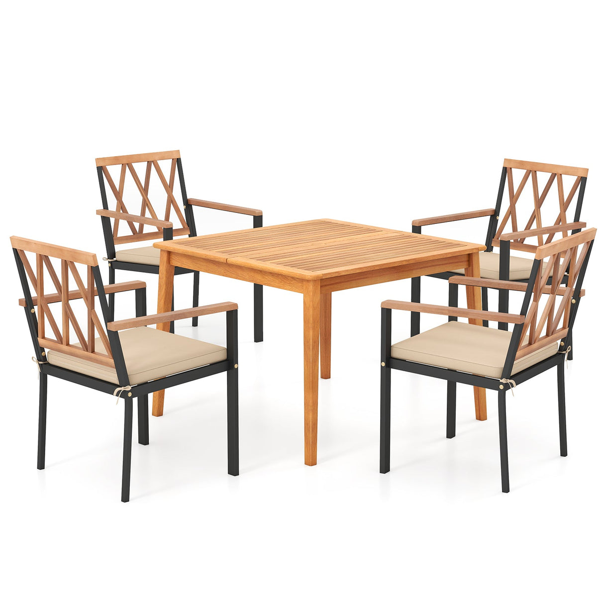 Juego de comedor de 5 piezas para patio de madera de acacia, muebles de comedor de madera maciza con agujero para sombrilla