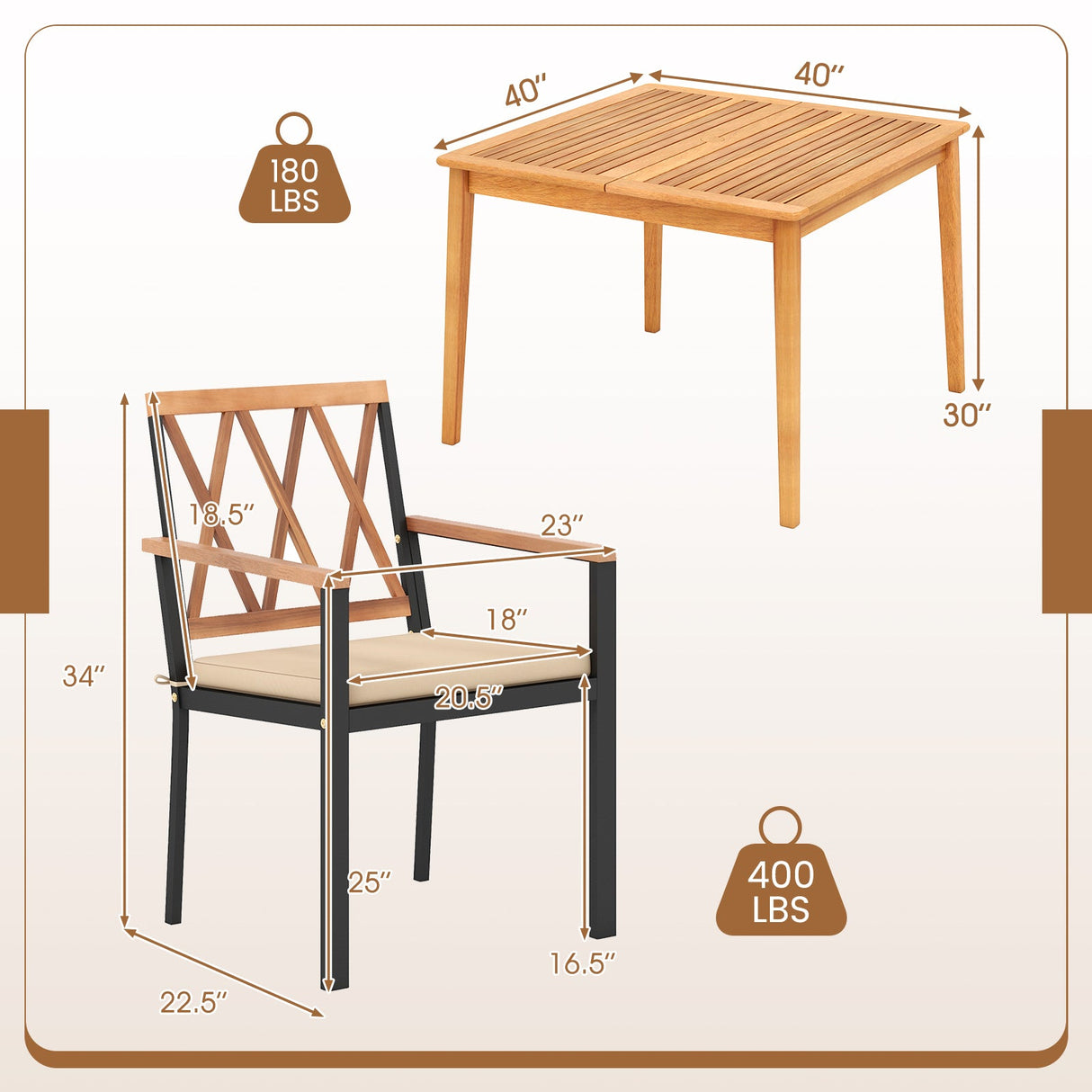 Juego de comedor de 5 piezas para patio de madera de acacia, muebles de comedor de madera maciza con agujero para sombrilla