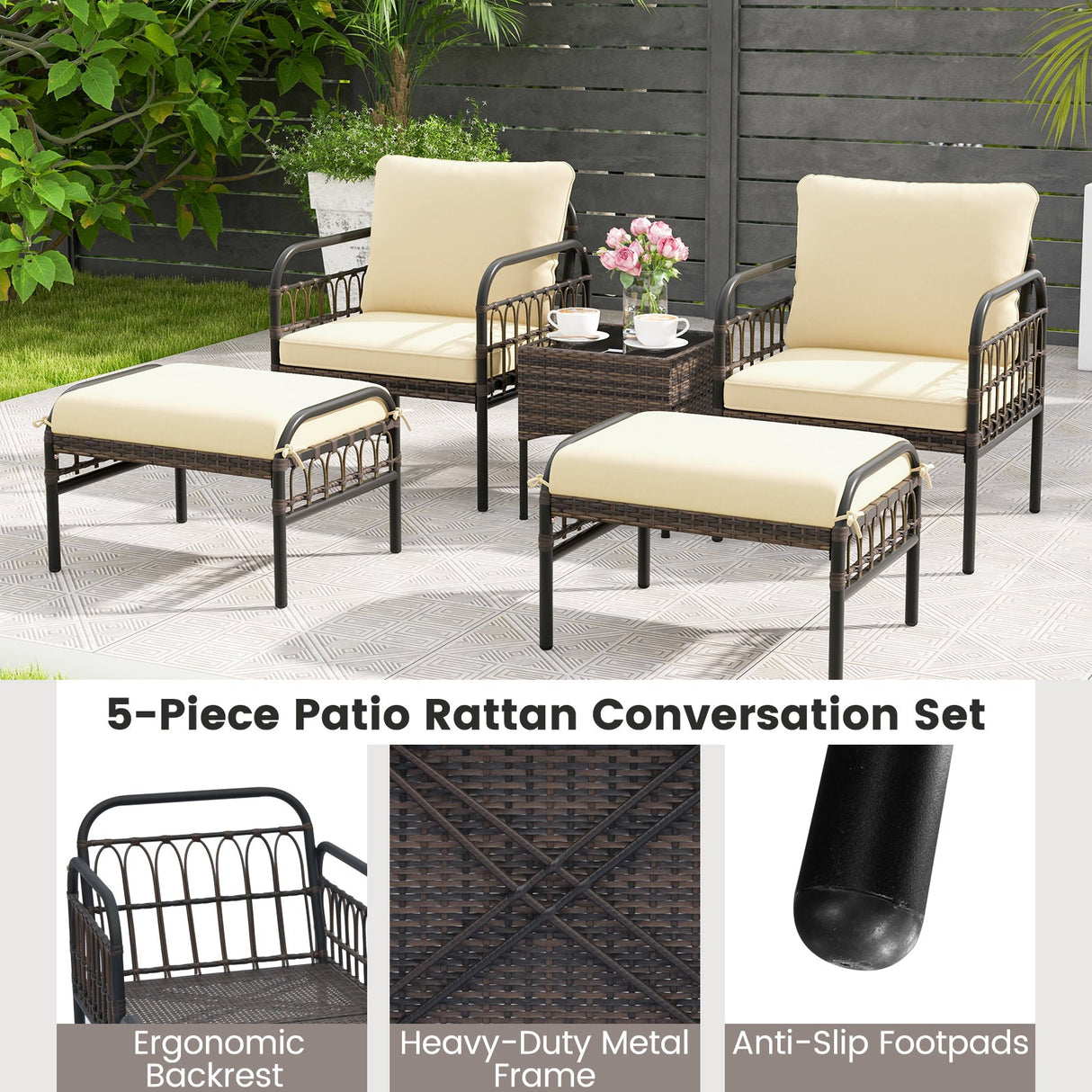 Juego de conversación de patio de 5 piezas con otomanas y mesa de centro