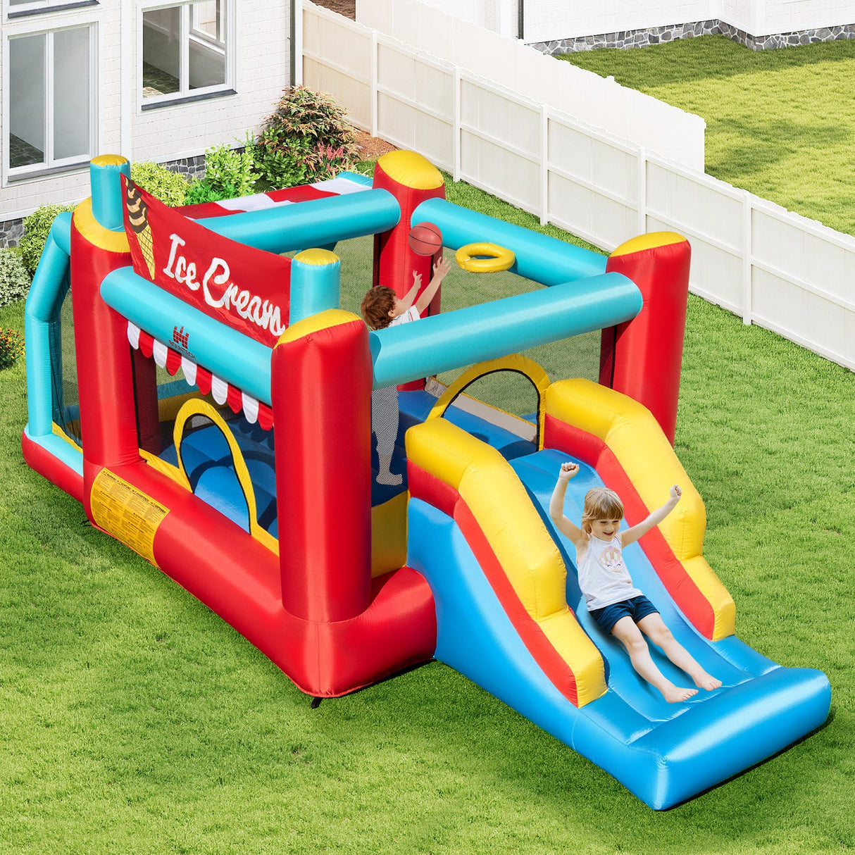 Casa inflable saltarina de helados 5 en 1 con piscina de bolas y tobogán con soplador de 520W
