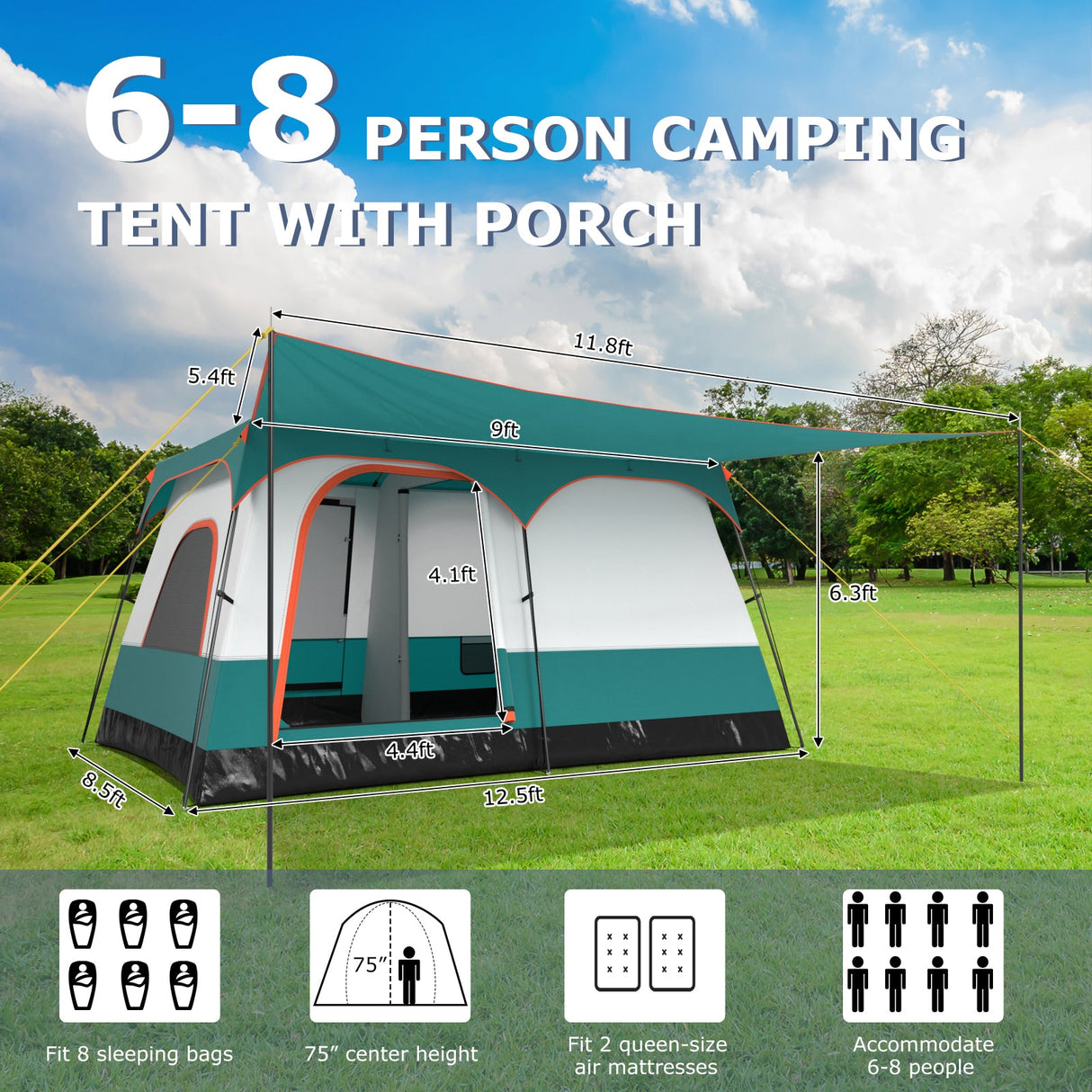 Tienda de campaña para 6-8 personas con habitaciones dobles y 2 puertas