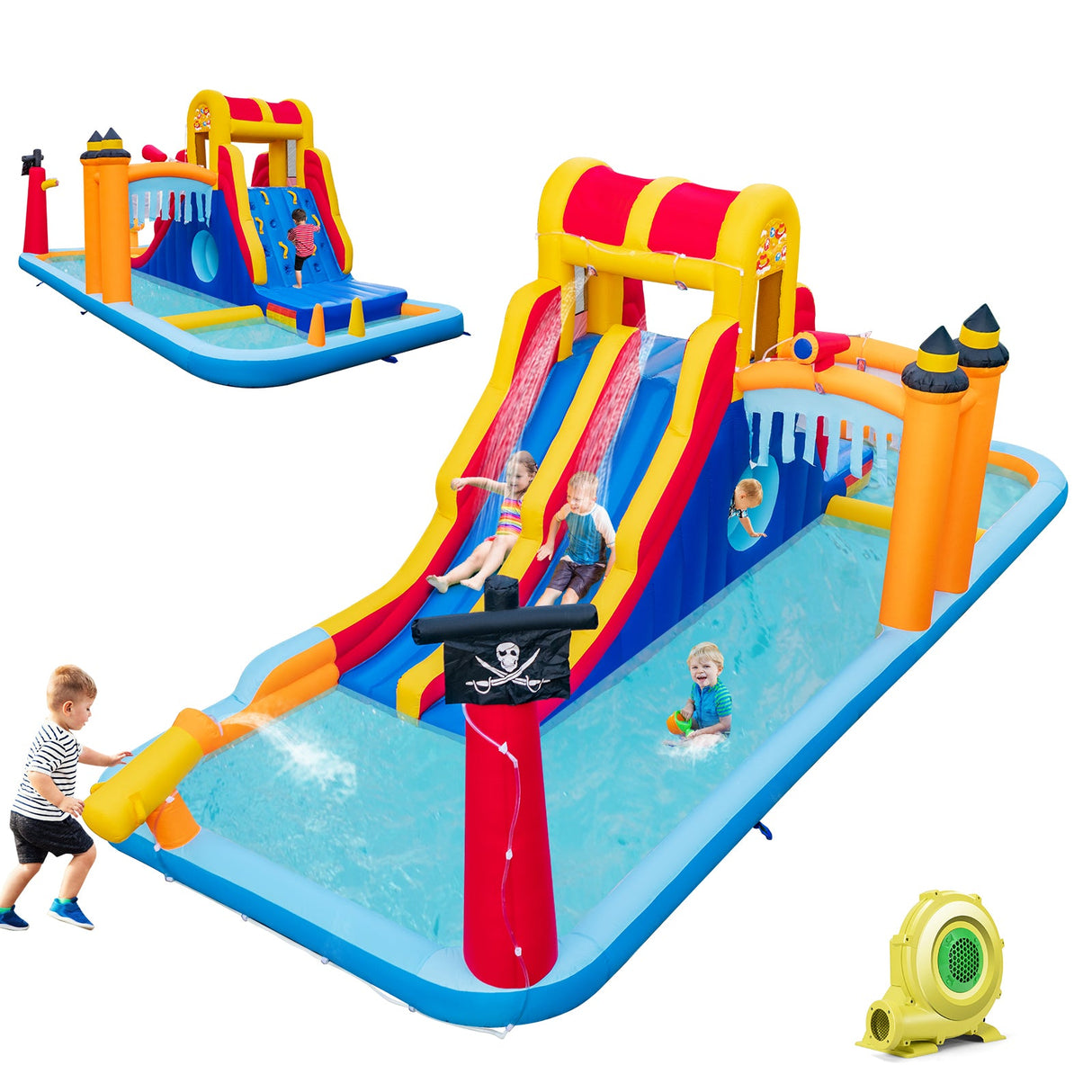 Tobogán Acuático Hinchable 6 en 1 con Toboganes Dobles, Pared de Escalada y Juego de Cueva con Soplador de 950 W