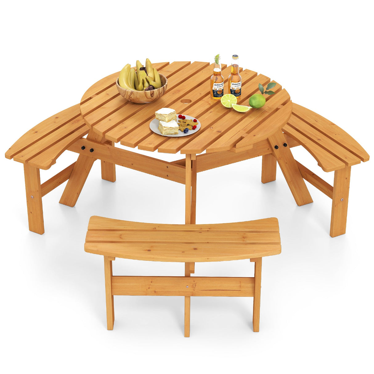 Mesa de Picnic Redonda de 6 Plazas con 3 Bancos Incorporados y Agujero para Sombrilla