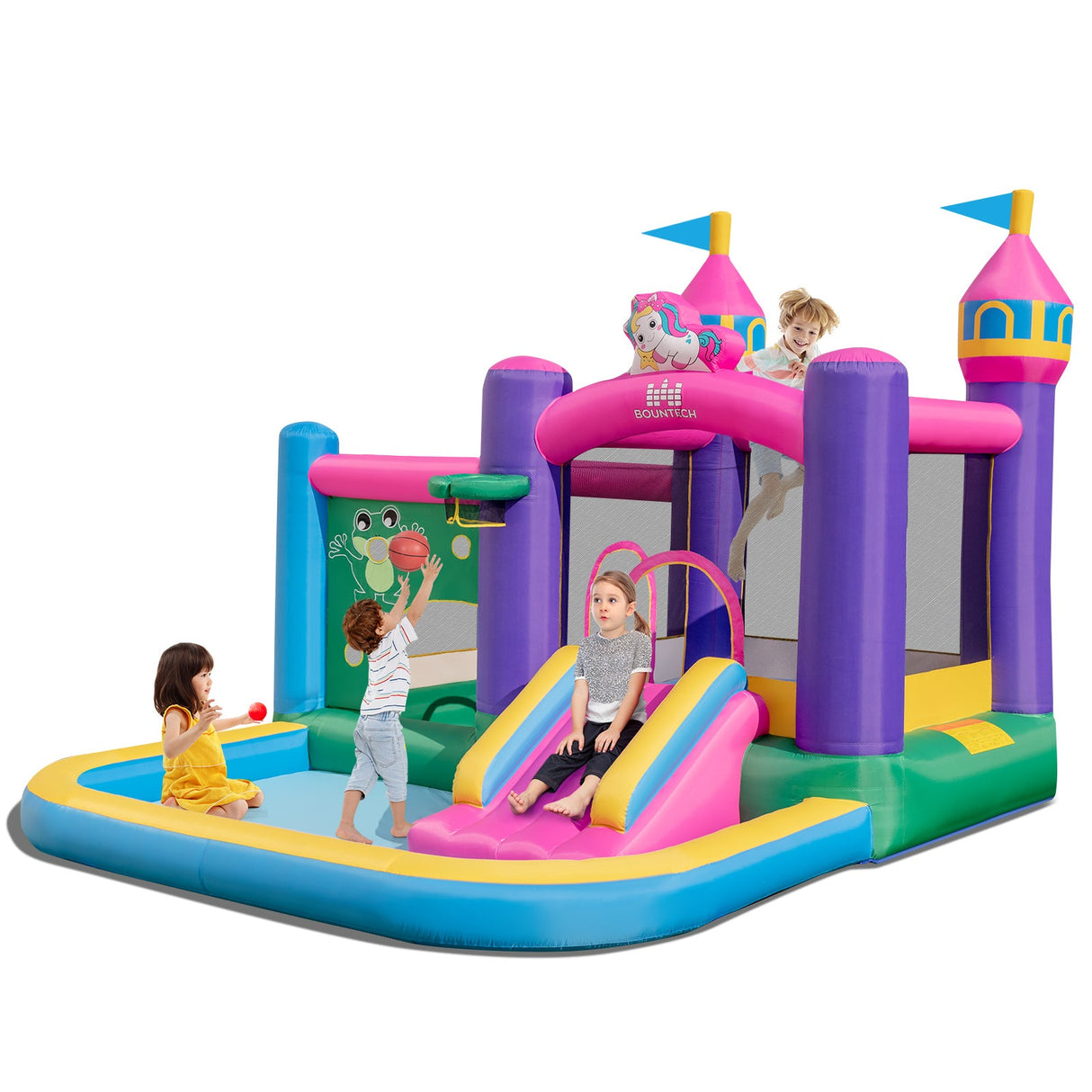 Castillo hinchable infantil 6 en 1 con tobogán, zona de salto y piscinas de bolas sin soplador