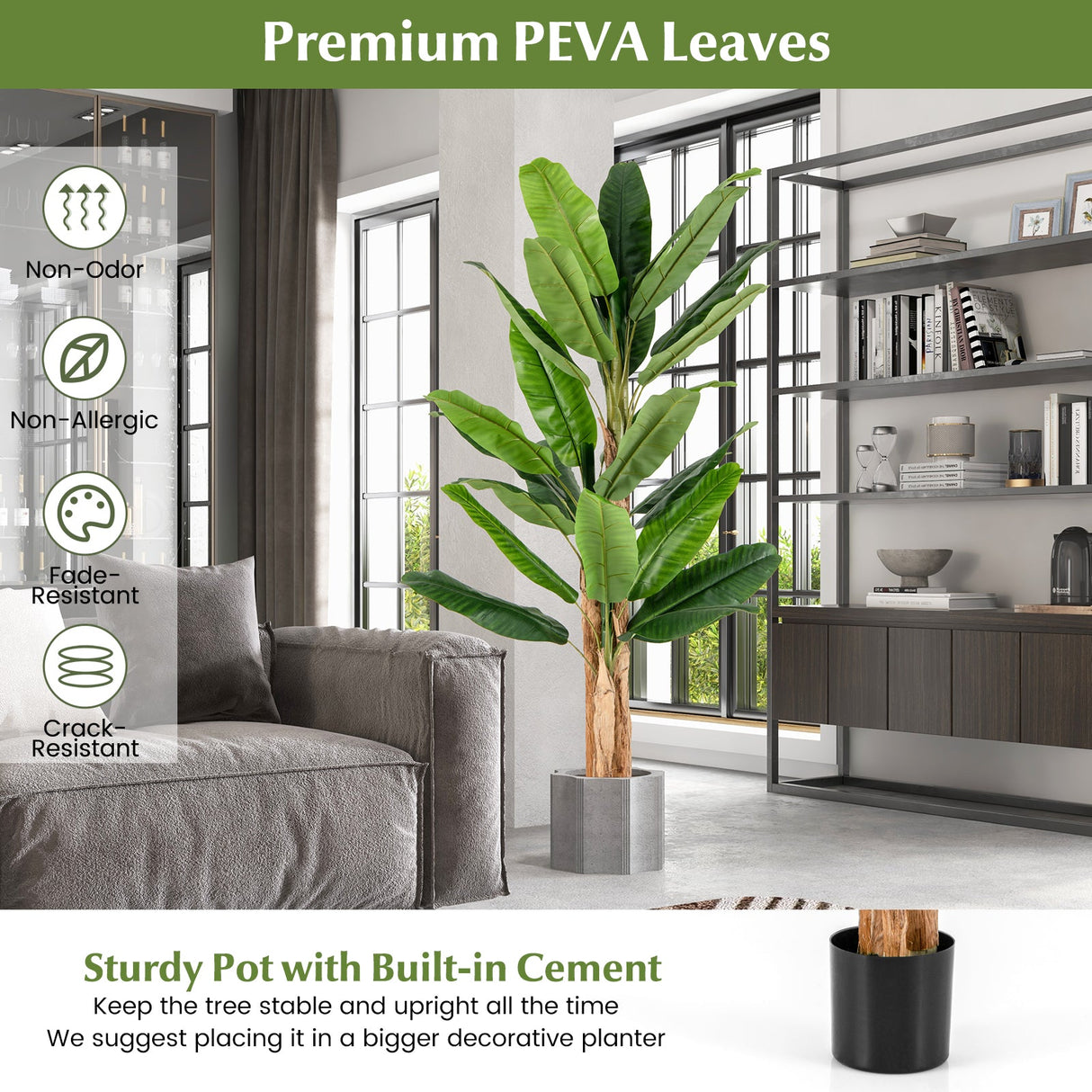 Árbol de plátano artificial de 5.5/6.5 pies de alto con 10/27 hojas grandes